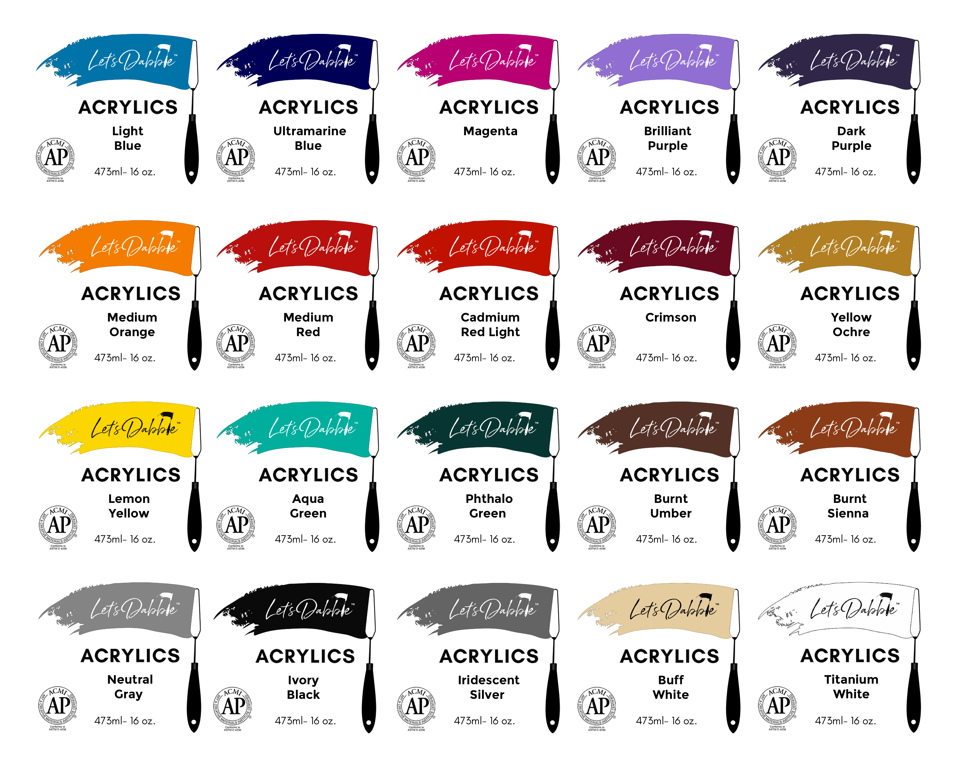 DabblePaints™ Full Acrylic Set – 20 Pro Colors in 16oz Jars