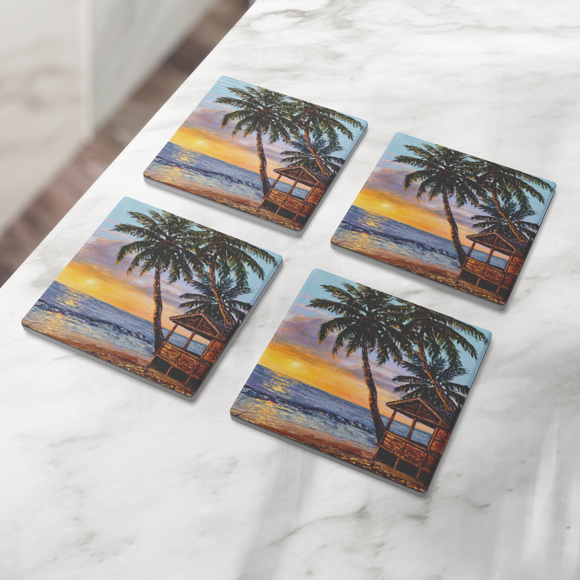 Bungalow_at_Sunset_Square_Stone_Coaster_SquareStoneCoaster_4pcLifestyle_Mockup.png