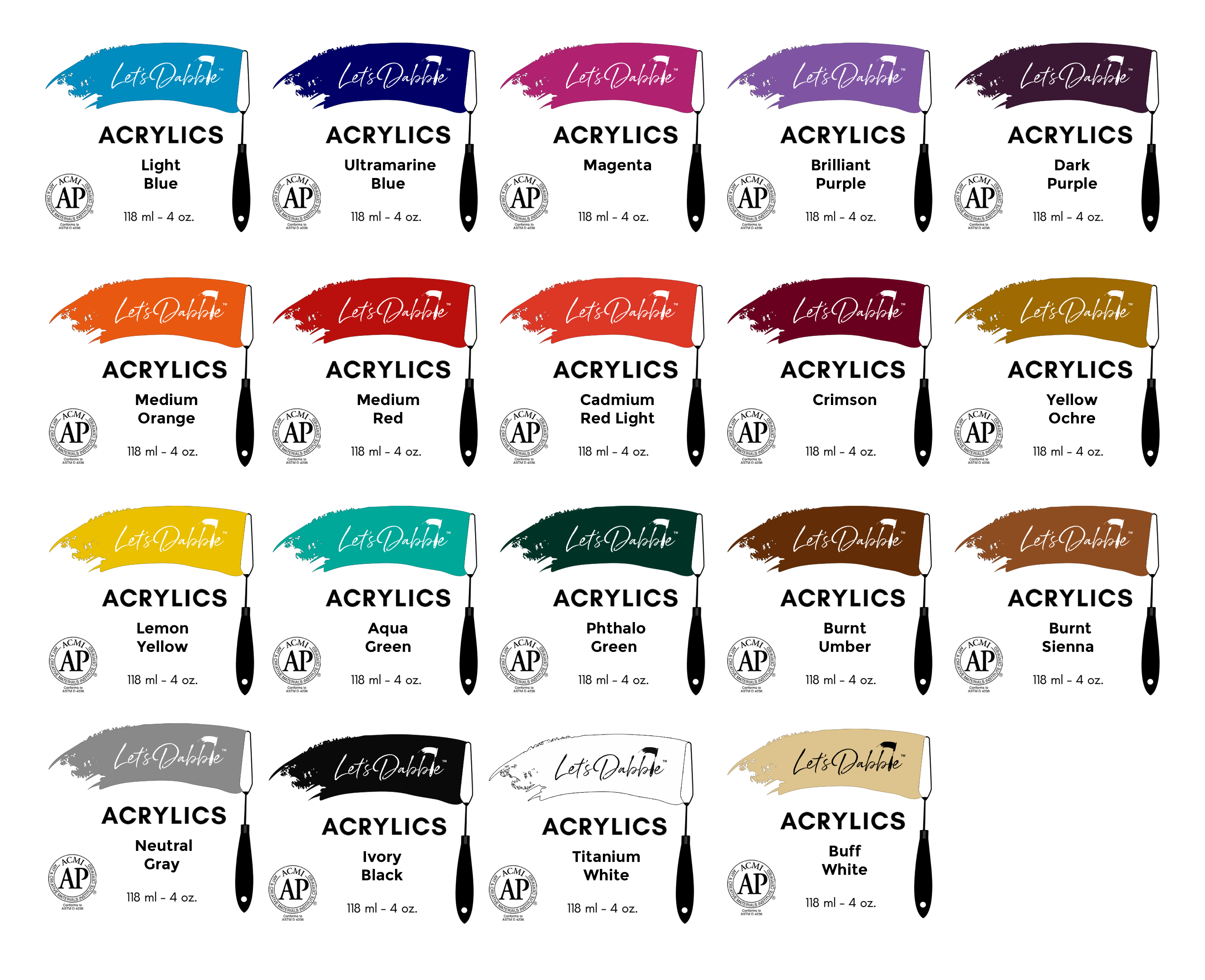 DabblePaints™ Full Acrylic Set – 19 Pro Colors in 4oz Jars
