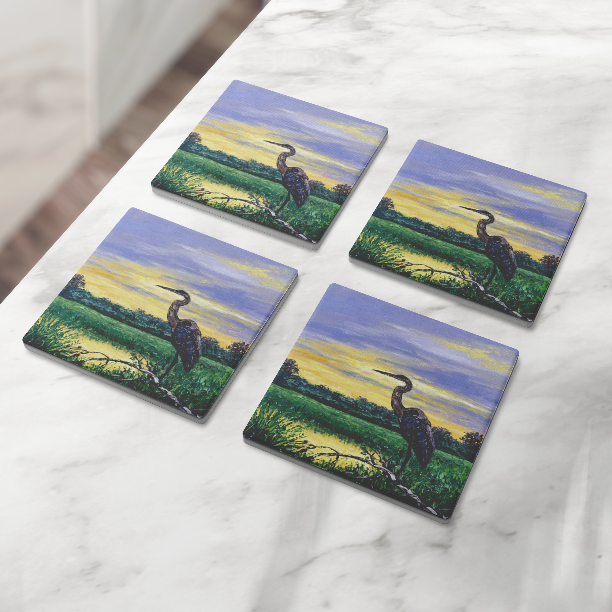 Heron_at_Sunset_Square_Stone_Coaster_SquareStoneCoaster_4pcLifestyle_Mockup.png