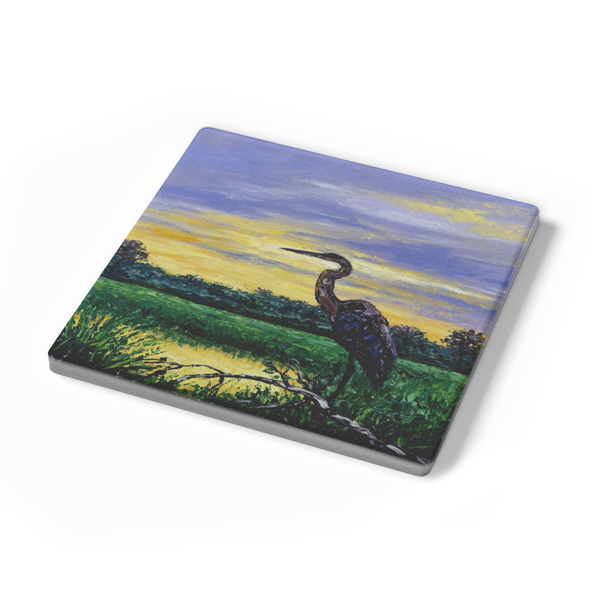 Heron_at_Sunset_Square_Stone_Coaster_SquareStoneCoaster_Angle_Mockup.png