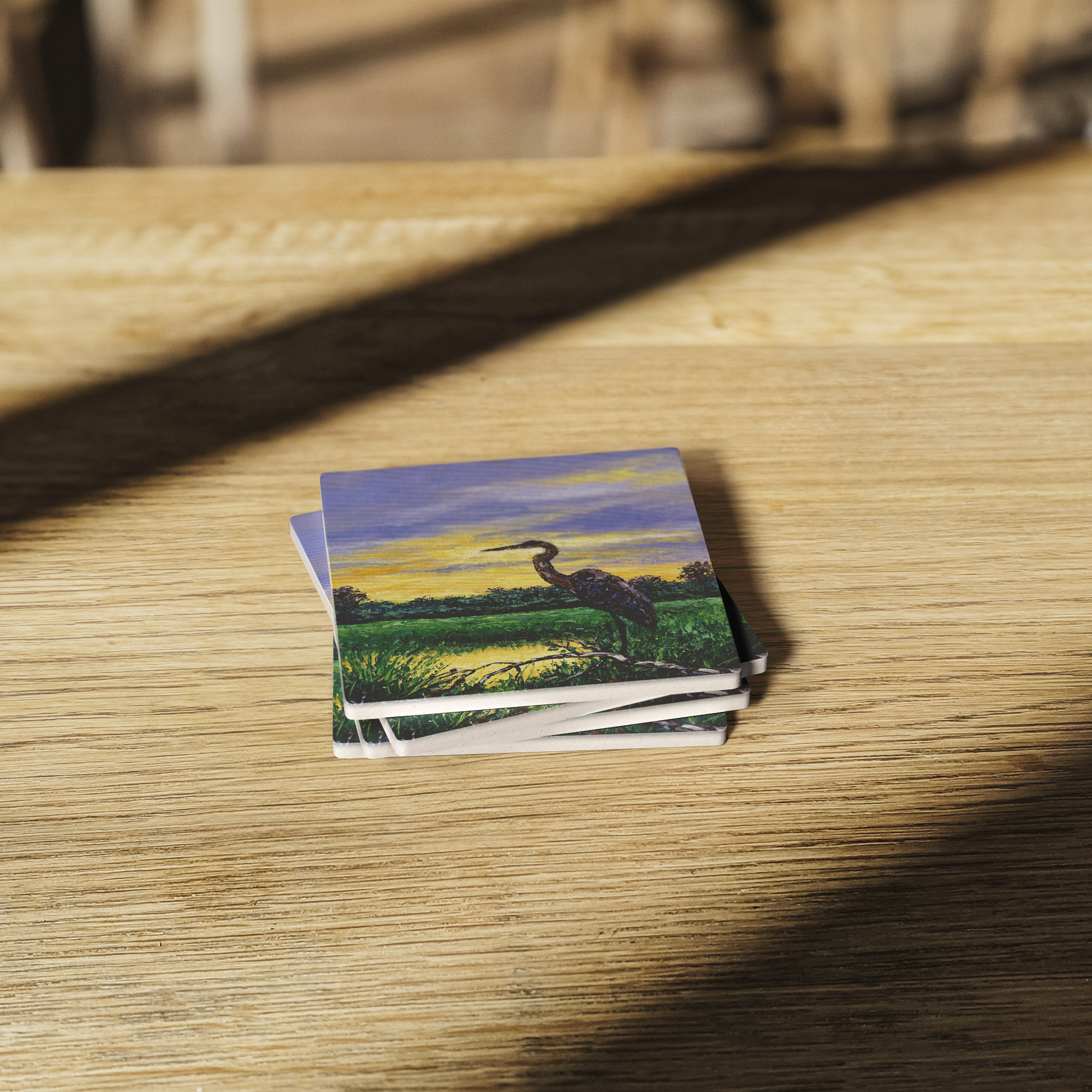Heron_at_Sunset_Square_Stone_Coaster_SquareStoneCoaster_WoodTable_AS_Mockup.png