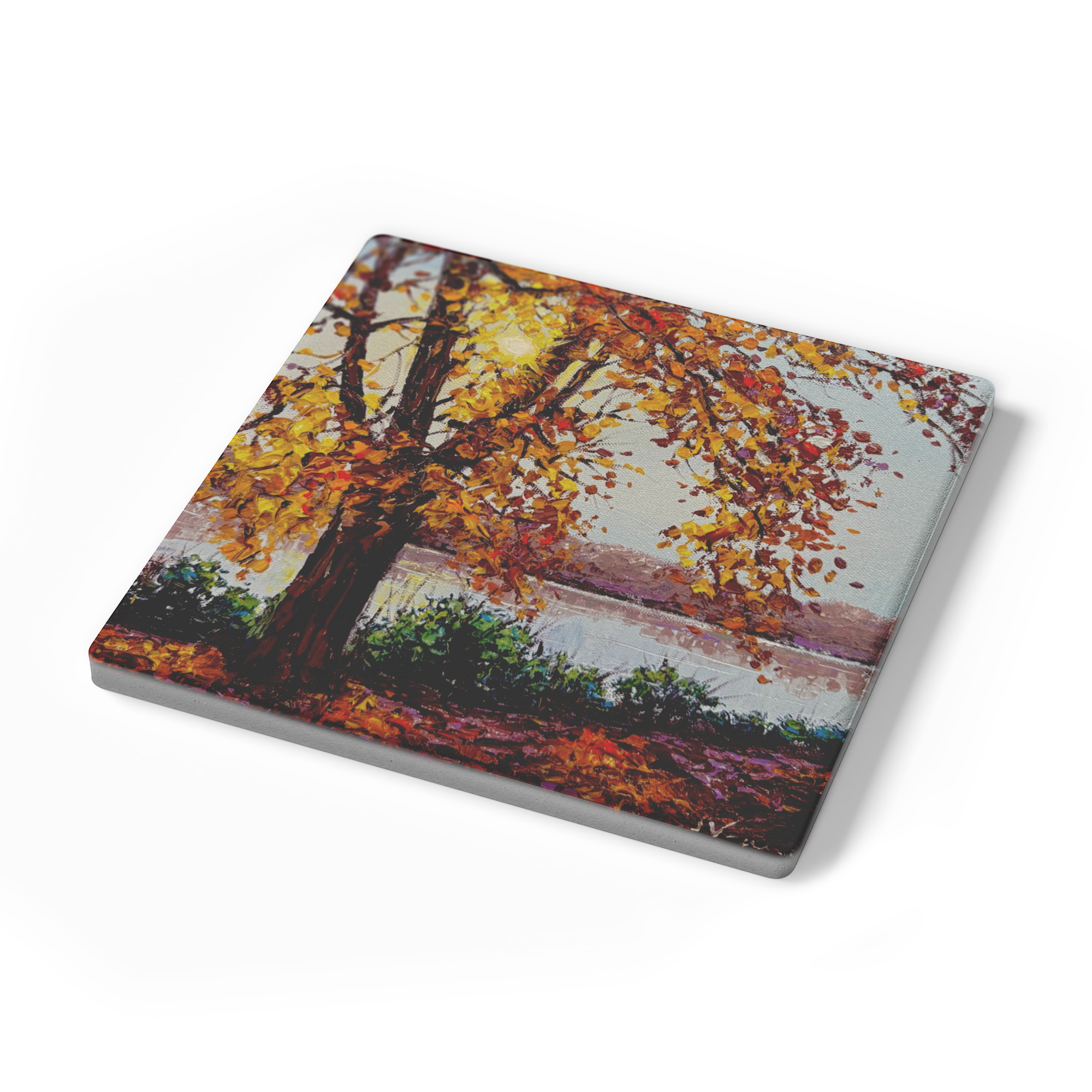 Sunlit_Fall_Square_Stone_Coaster_SquareStoneCoaster_Angle_Mockup.png