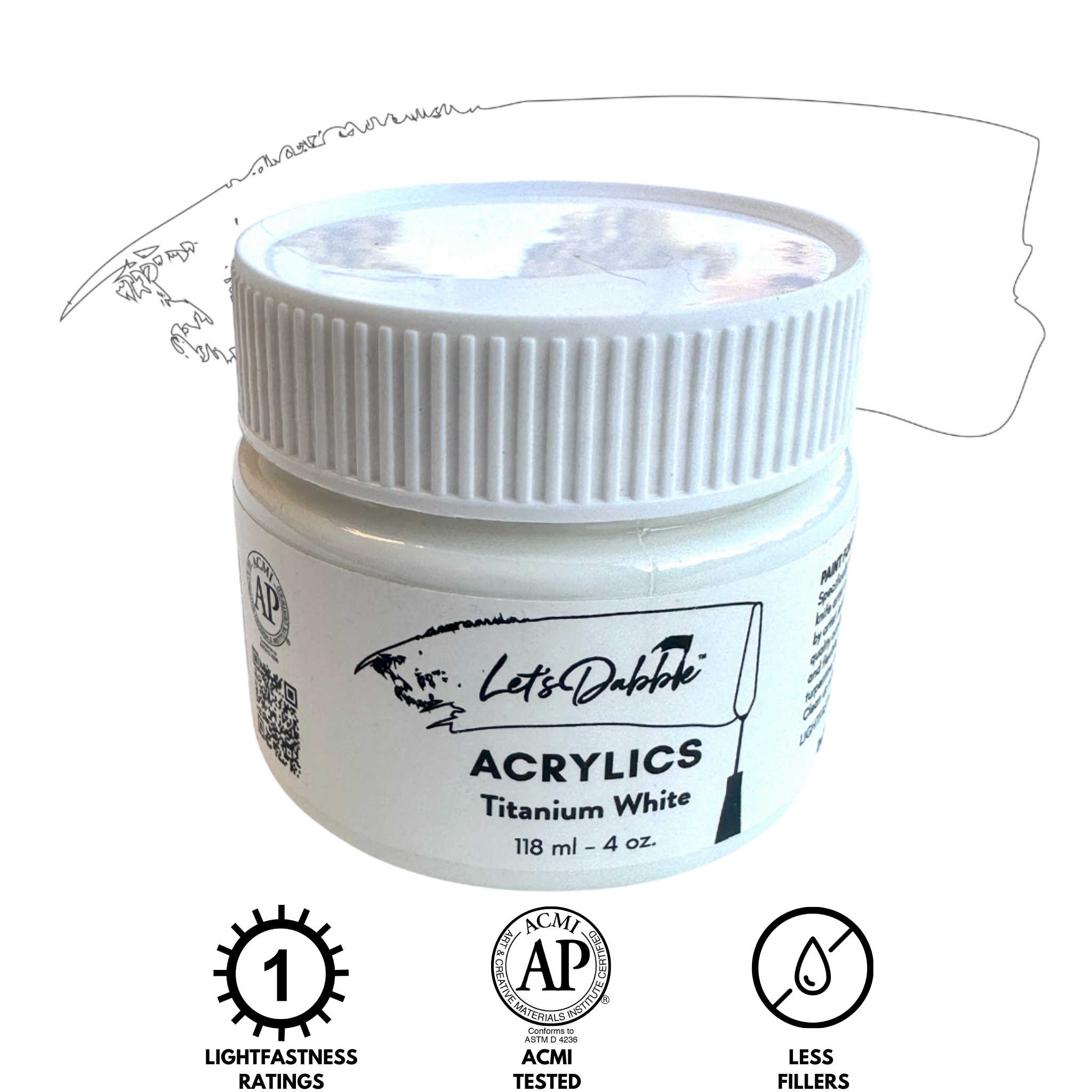 Let's Dabble™ acrylic paint in Titanium White, 4 oz, with a crisp white paint swatch.