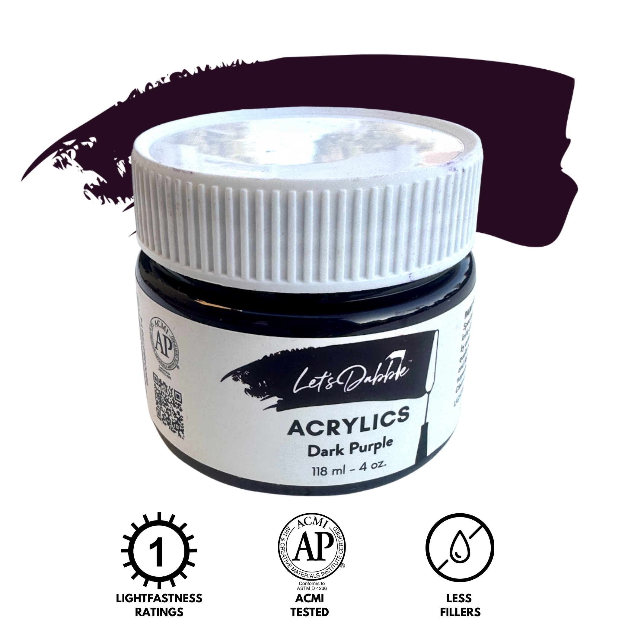 Let's Dabble™ acrylic paint in Deep Purple, 4 oz, with a dark purple paint swatch.