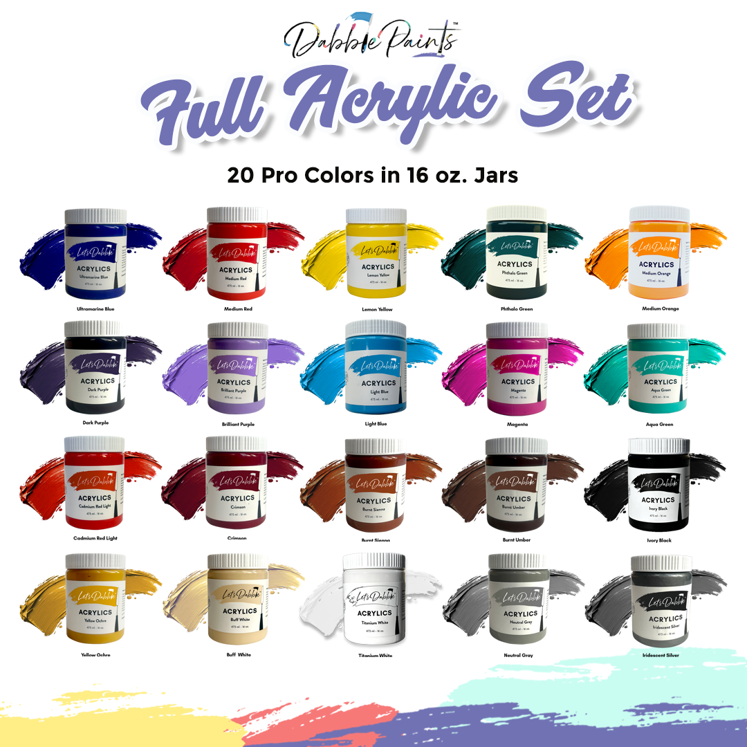 DabblePaints™ Full Acrylic Set – 20 Pro Colors in 16oz Jars