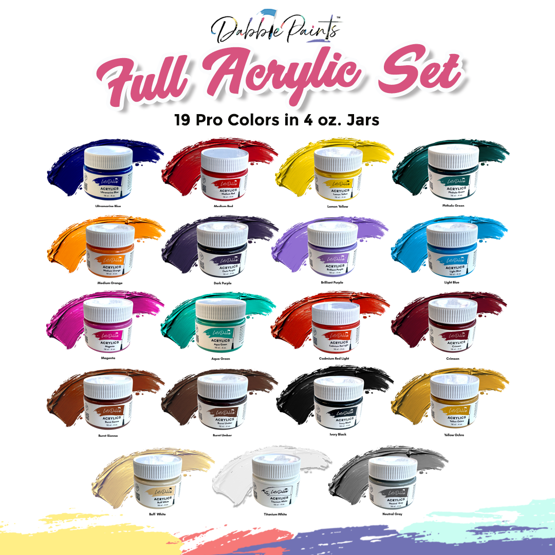DabblePaints™ Full Acrylic Set – 19 Pro Colors in 4oz Jars
