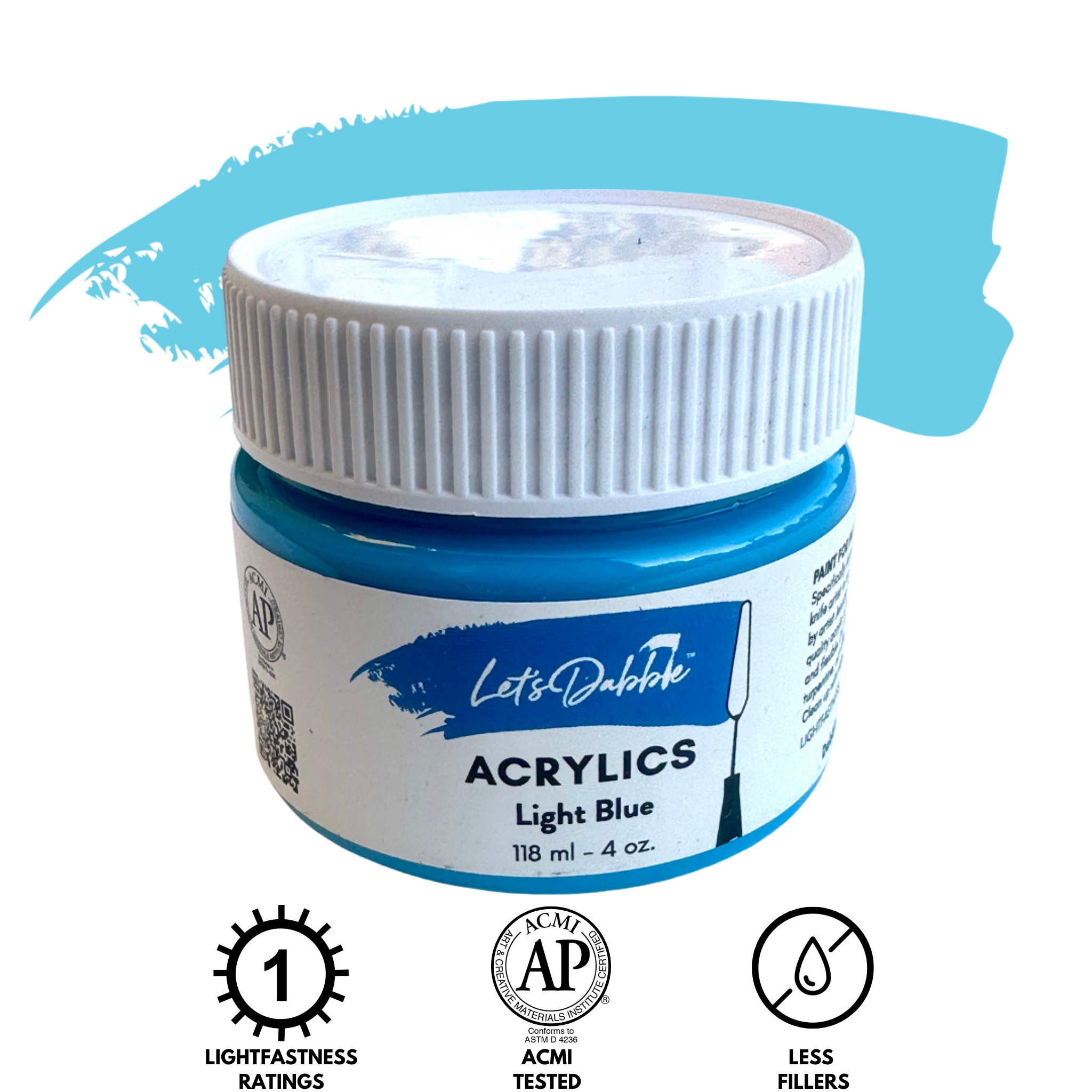 Let's Dabble™ acrylic paint in Light Blue, 4 oz, with a soft sky blue paint swatch.