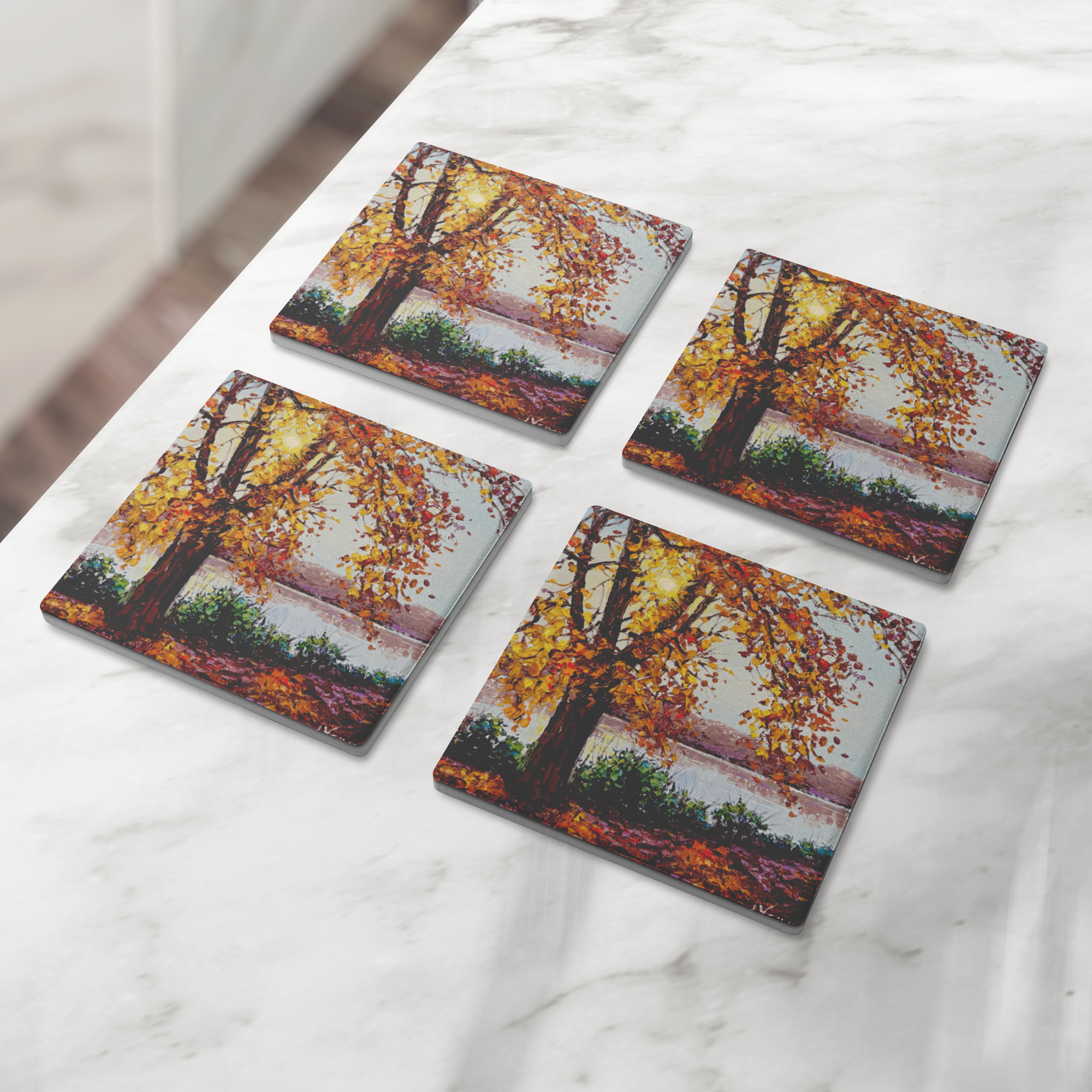 Sunlit_Fall_Square_Stone_Coaster_SquareStoneCoaster_4pcLifestyle_Mockup.png