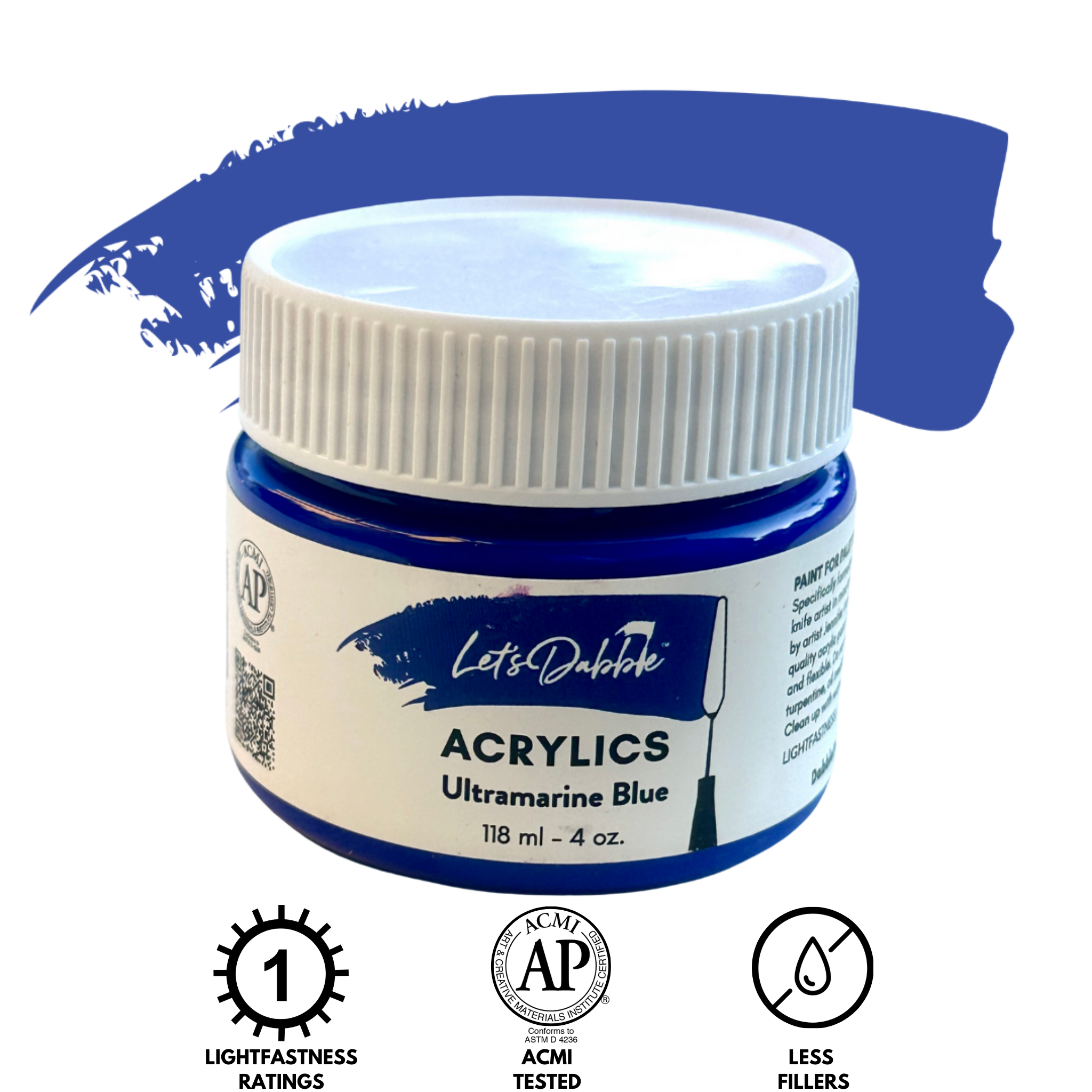 Let's Dabble™ acrylic paint in Ultramarine Blue, 4 oz, with a rich blue paint swatch.